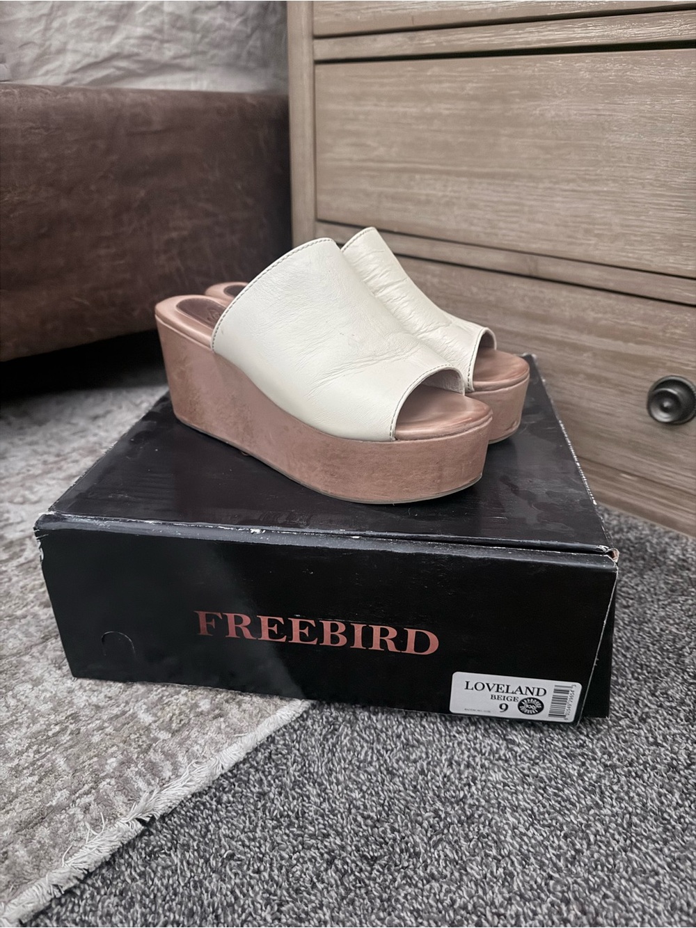 freebird Loveland Platform Slide Sandals in Cream and Tan